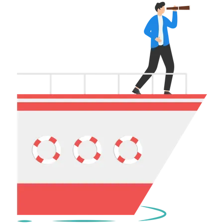 Businessman Standing On Boat Looking For Business Target Goals  Illustration