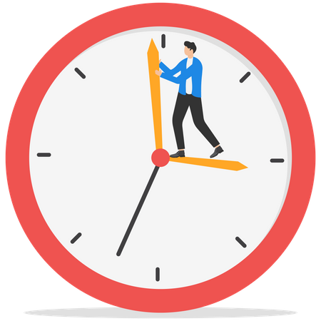 Businessman standing on clock hour hand manage to push back minute hand to turn back time  Illustration