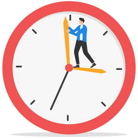 Businessman standing on clock hour hand manage to push back minute hand to turn back time  Illustration