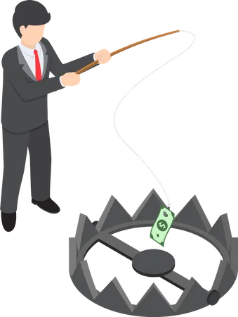 Businessman stole money from bear trap by fishing rod  Illustration