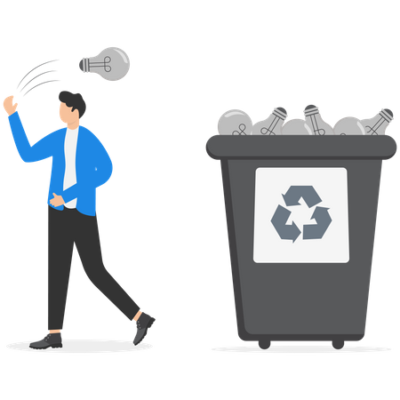 Businessman throw waste bulb in trash bin  Illustration