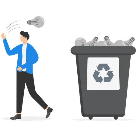 Businessman throw waste bulb in trash bin  Illustration