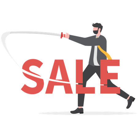 Businessman using sword to slash cut the word sale  Illustration