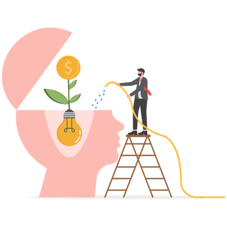 Businessman watering plants from the brain put think growth mindset self-improvement  Illustration