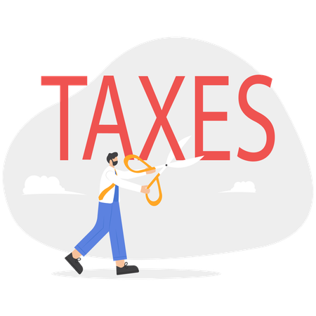 Businessman with big scissors cutting taxes  Illustration