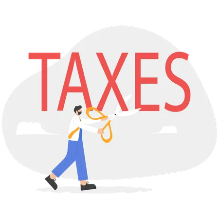 Businessman with big scissors cutting taxes  Illustration