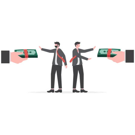 Businessmen refusing hand refusing the offered bribe for company corruption  Illustration