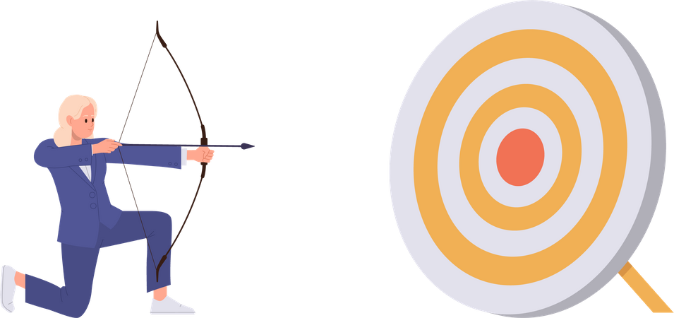 Businesswoman aiming arrow to target checking new mission objective and strategy  Illustration