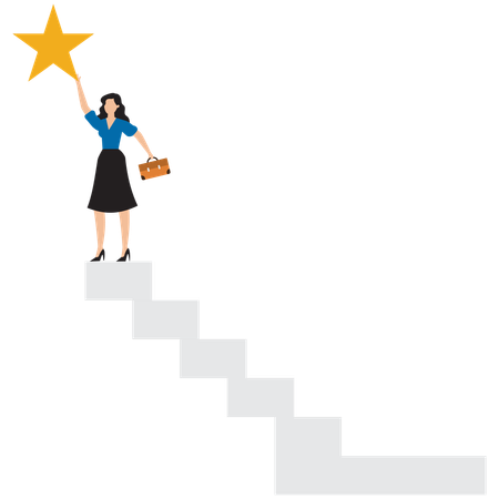 Businesswoman climbs ladder to top to win the star prize  Illustration