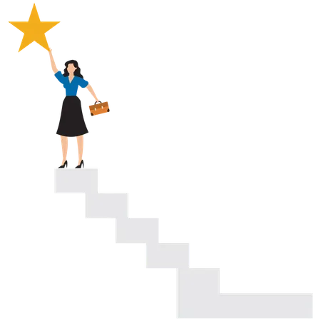 Businesswoman climbs ladder to top to win the star prize  Illustration