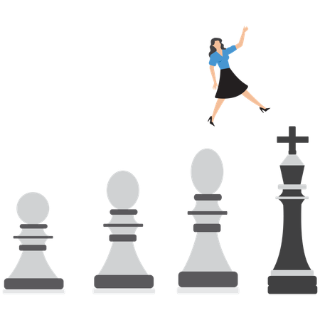 Businesswoman from a pawn jumps on king figure with crane arm  Illustration