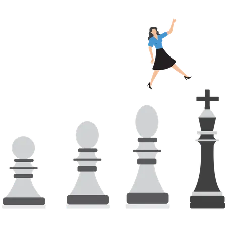 Businesswoman from a pawn jumps on king figure with crane arm  Illustration