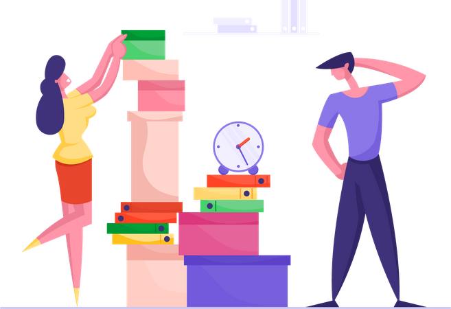 Businesswoman Putting Paper Documents in Folders in Huge Heap for Overwork Office Employee Finish Work with Documentation. Deadline, Company Boss Hurry Worker with Job Cartoon Flat Vector Illustration  일러스트레이션