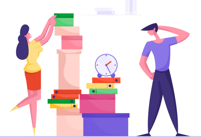 Businesswoman Putting Paper Documents in Folders in Huge Heap for Overwork Office Employee Finish Work with Documentation. Deadline, Company Boss Hurry Worker with Job Cartoon Flat Vector Illustration  일러스트레이션