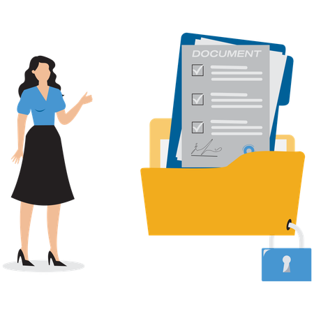 Businesswoman showing locked folder  Illustration