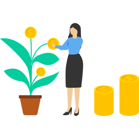 Businesswoman taking cash from money tree  イラスト