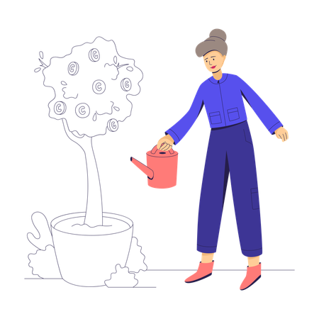 Businesswoman watering tree with coins  イラスト