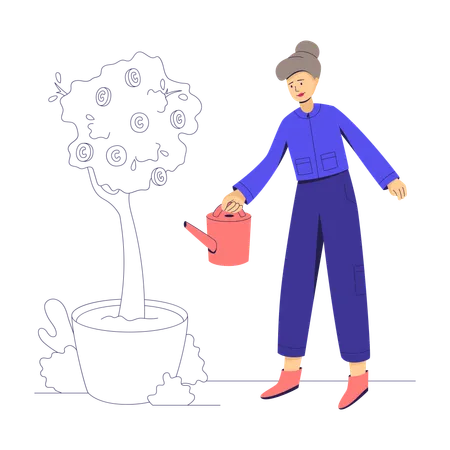 Businesswoman watering tree with coins  イラスト