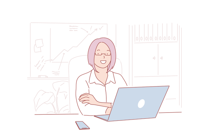 Businesswoman with laptop at workplace  Illustration