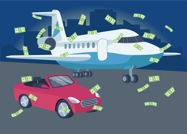 Car and plane with money rain  일러스트레이션