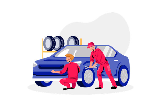 Car mechanics changing car tire  Illustration