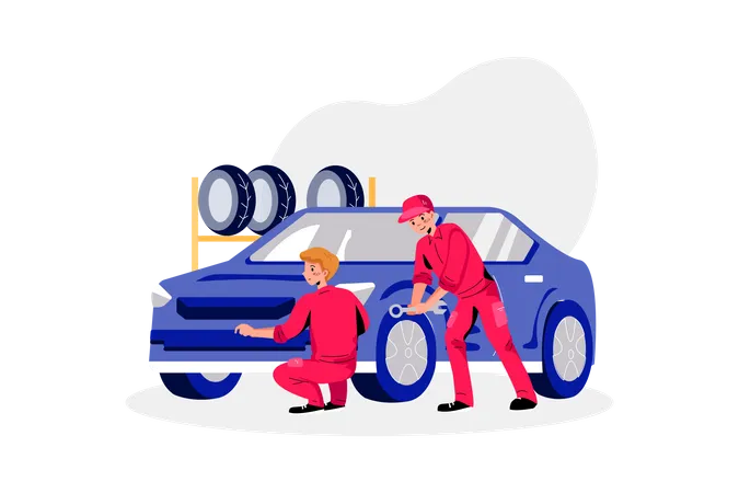 Car mechanics changing car tire  Illustration