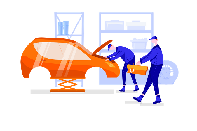 Car repair in garage by worker  Illustration