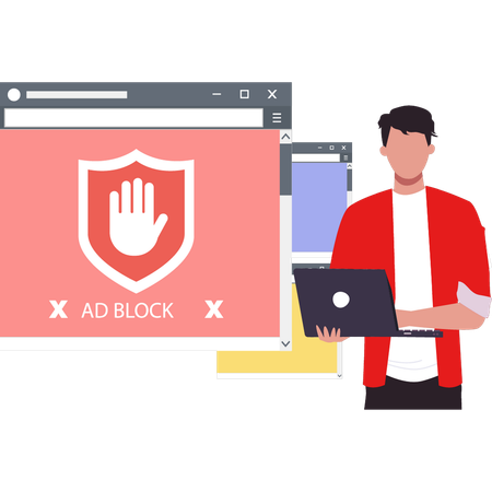 Cara mostrando adblock em navegadores diferentes.  Ilustração