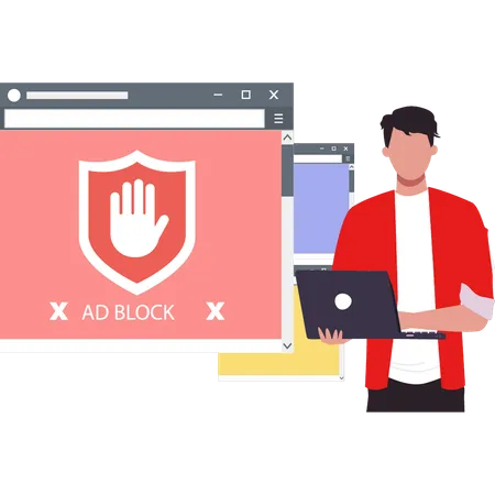 Cara mostrando adblock em navegadores diferentes.  Ilustração