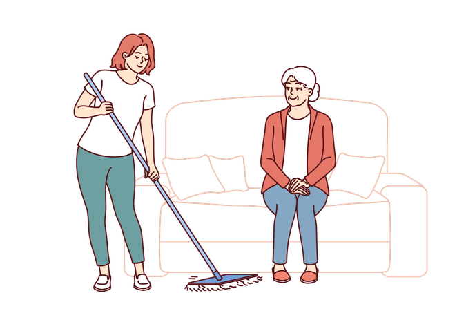 Caretaker from nursing home is mopping floor  Illustration