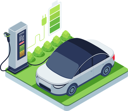 Carga de vehículos eléctricos en una estación con batería  Ilustración