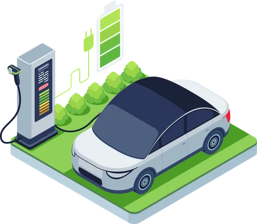 Carga de vehículos eléctricos en una estación con batería  Ilustración