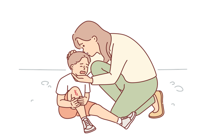 Caring mother consoles crying son who injured knee in fall  Illustration