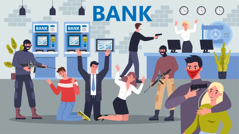 Cartoon style illustration of bank robbery. Theft in bank.  Illustration