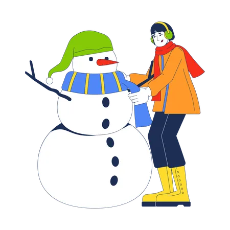 Mulher com casaco de inverno amarrando cachecol em volta do pescoço do boneco de neve  Ilustração