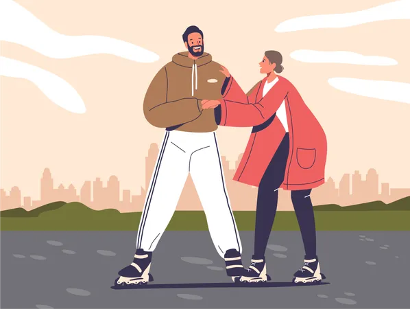 Casal adulto brincalhão masculino e feminino em patins  Ilustração