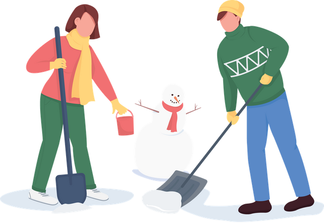 Casal construindo boneco de neve  Ilustração