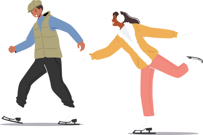 Casal curtindo patinação no gelo  Ilustração