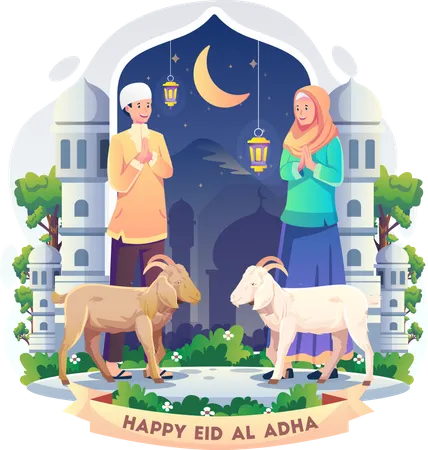 Casal dizendo feliz eid  Ilustração