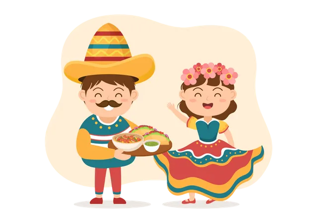 Casal mexicano tradicional com comida mexicana básica  Ilustração