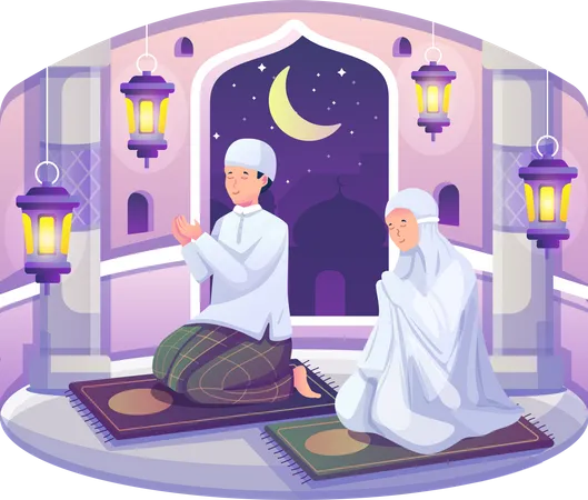 Casal muçulmano lendo o Alcorão durante Ramadan Kareem  Ilustração