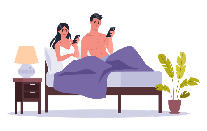 Casal viciado em uso de smartphone durante relação sexual  Ilustração