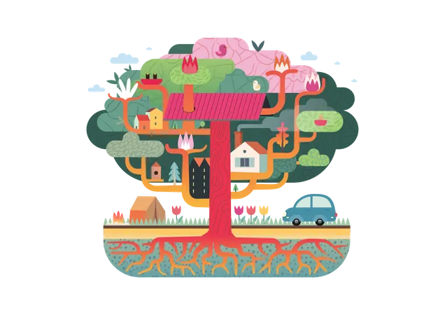 Casas conectadas con tronco de árbol.  Ilustración