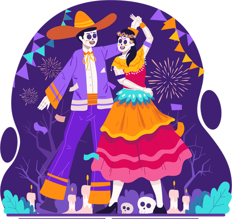 Catrina couple with traditional mexican costumes dancing together on day of dead  Illustration