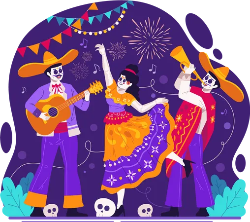 Catrina dançando e músicos mariachi com sombrero tocando violão e trompete  Ilustração