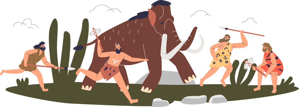 Cavemen hunters with spears and axes hunting mammoth  Illustration