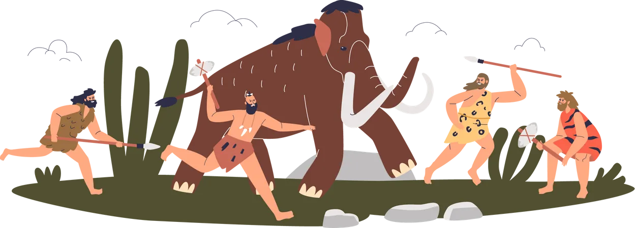 Cavemen hunters with spears and axes hunting mammoth  Illustration