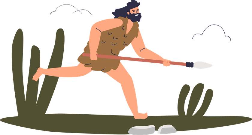 Cavemen with spear hunting  Illustration