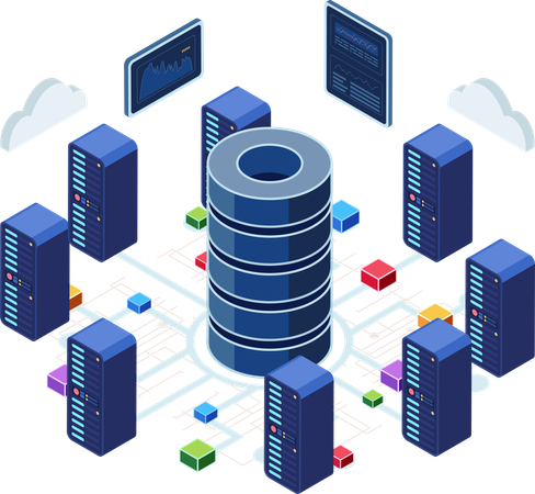 Centre de données avec serveurs et connexion réseau  Illustration