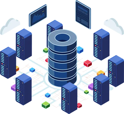 Centre de données avec serveurs et connexion réseau  Illustration